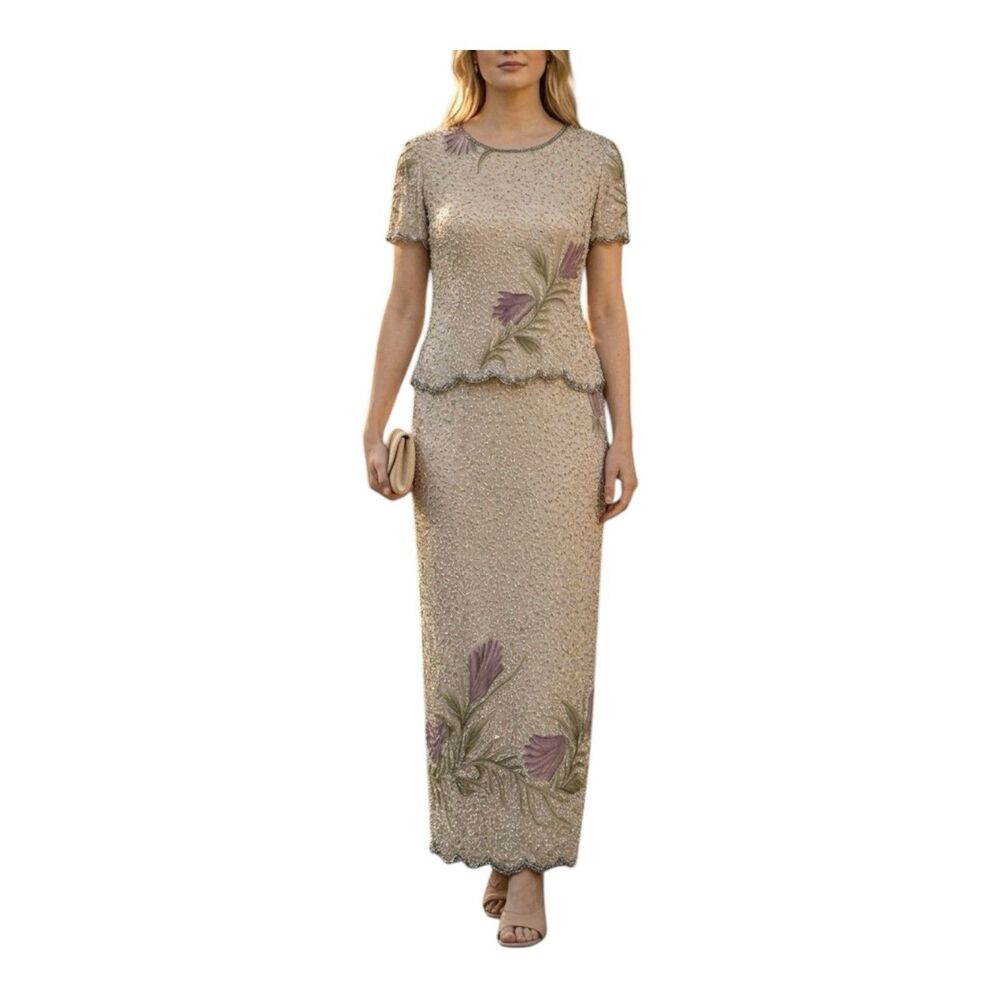 Laurence Kazar Silk Beaded Evening Gown Floral Maxi Dress 6P Mother Of Bride